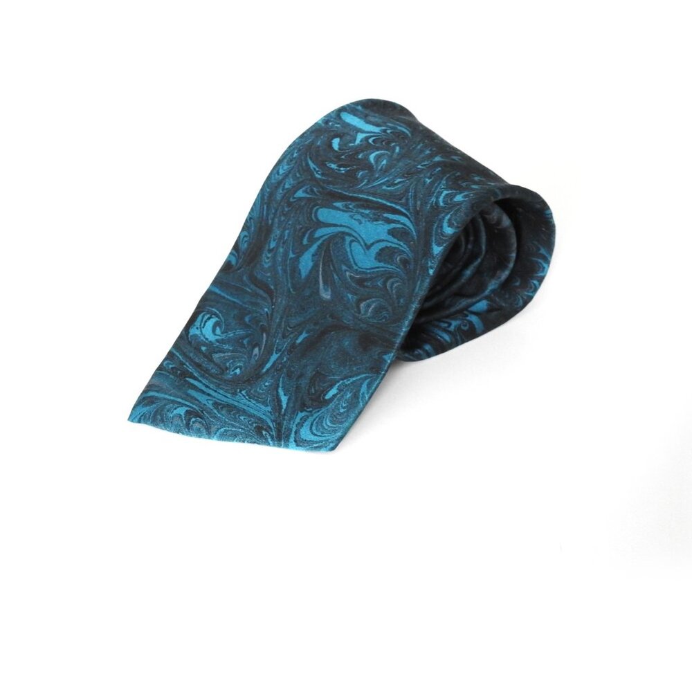 Gail McKenzie Teal Black Hand Marbled Silk Necktie Abstract Foliage 59"